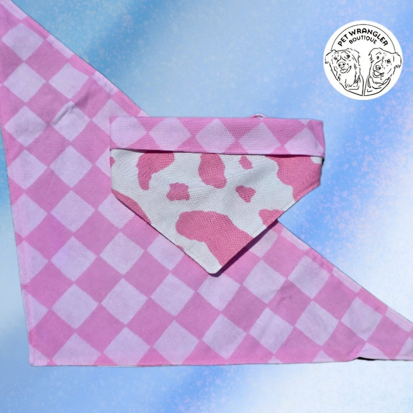 Pink cow and checkers bandana - Snap on Reversible - Dog Bandana - Cat Bandana - Pet scarf - Summer Bandana - Girly bandana