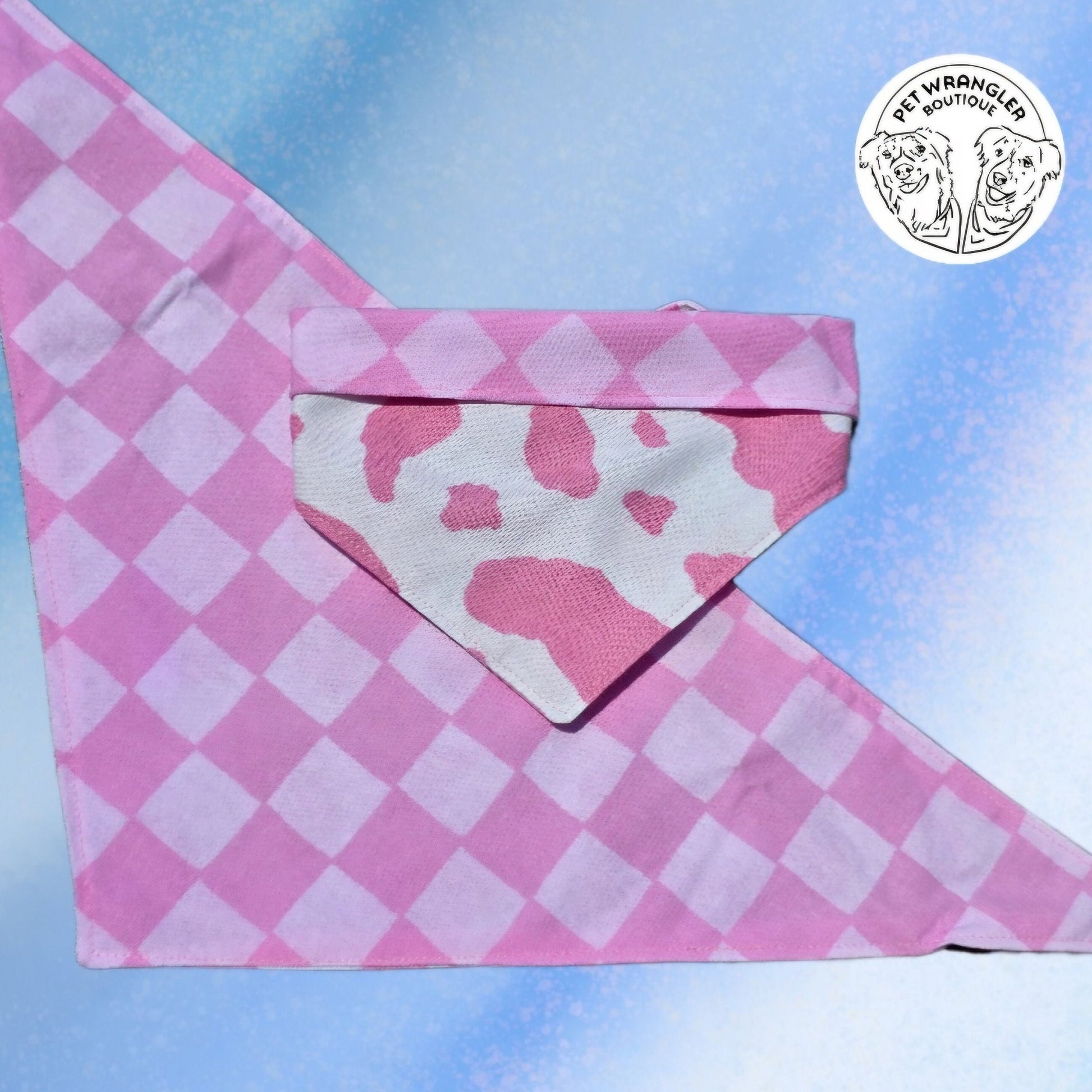 Pink cow and checkers bandana - Snap on Reversible - Dog Bandana - Cat Bandana - Pet scarf - Summer Bandana - Girly bandana