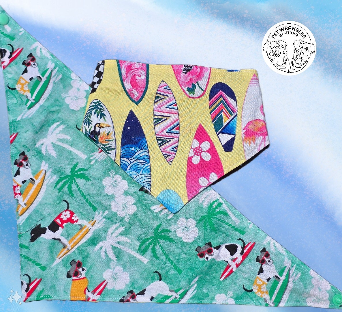 Surfboard bandana - Snap on Reversible - Dog Bandana - Cat Bandana - Pet scarf - Summer Bandana - Surfing dog