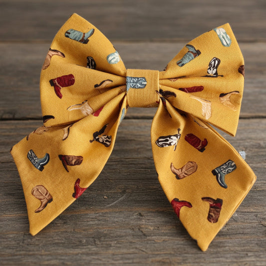 Sailor bow with cowboy boot pattern on a mustard yellow background
