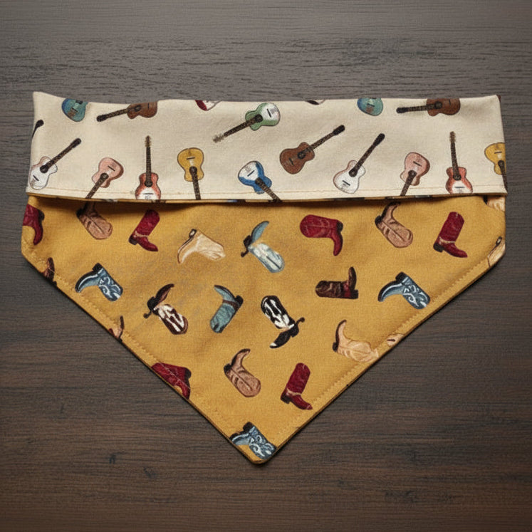Dog bandana with guitar and boot pattern on beige background