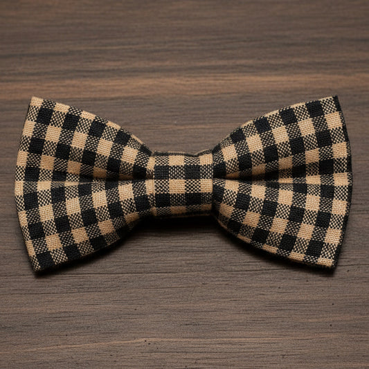 Black and Beige Plaid Bow Tie