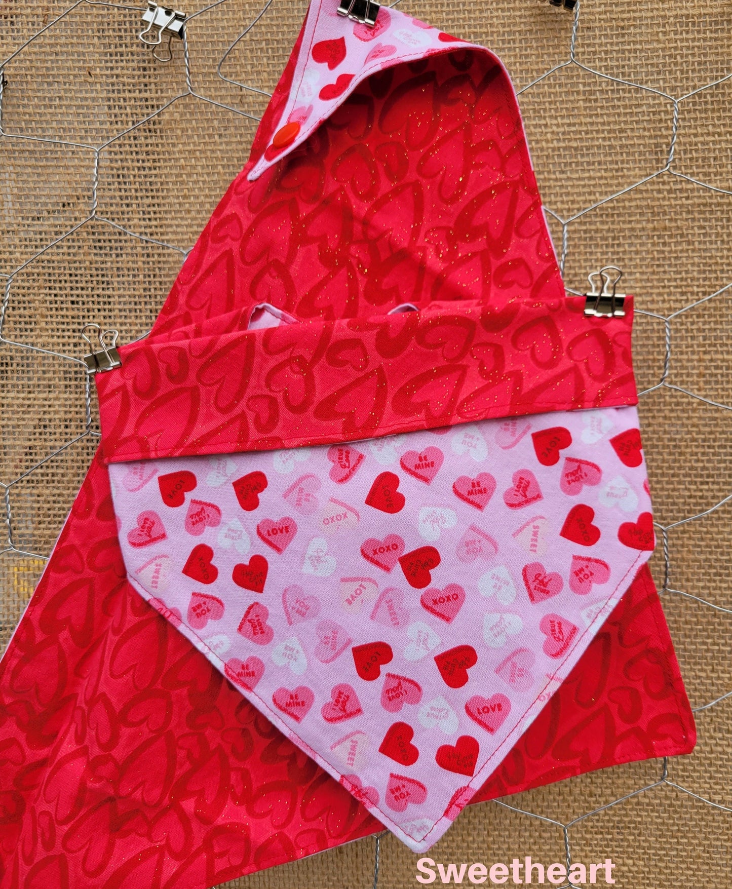 Valentines Bandana - Snap on Reversible - Gnome & Candy Heart