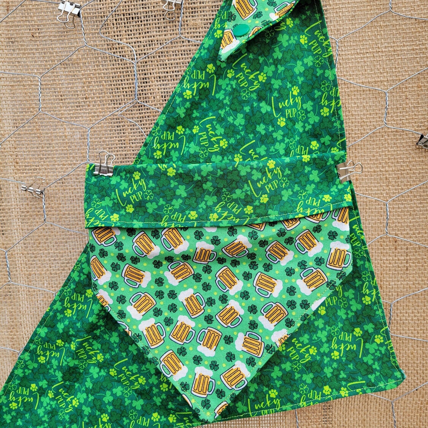 St. Patricks Day Dog Bandana - Snap on Reversible - Shamrocks and Sips