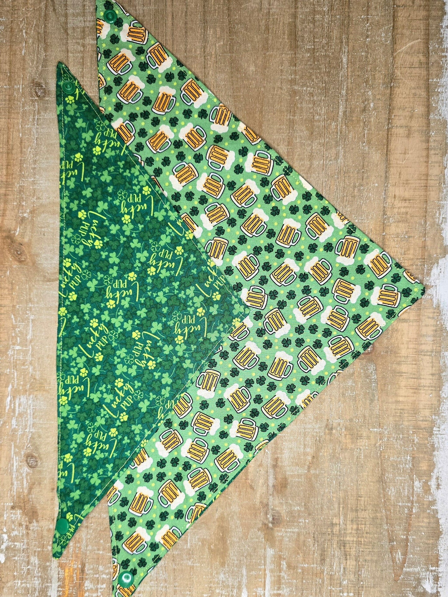 St. Patricks Day Dog Bandana - Snap on Reversible - Shamrocks and Sips