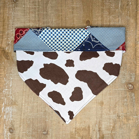 Cow Dog Bandana - Snap on Reversible - Ranch Life - Patchwork Bandana