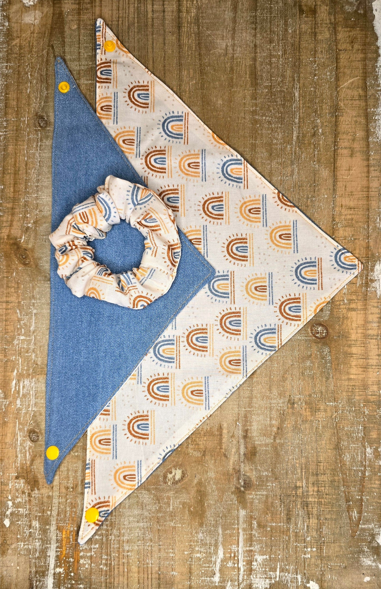 Dog/ Cat Bandana - Snap on Reversible - Denim & Rainbows