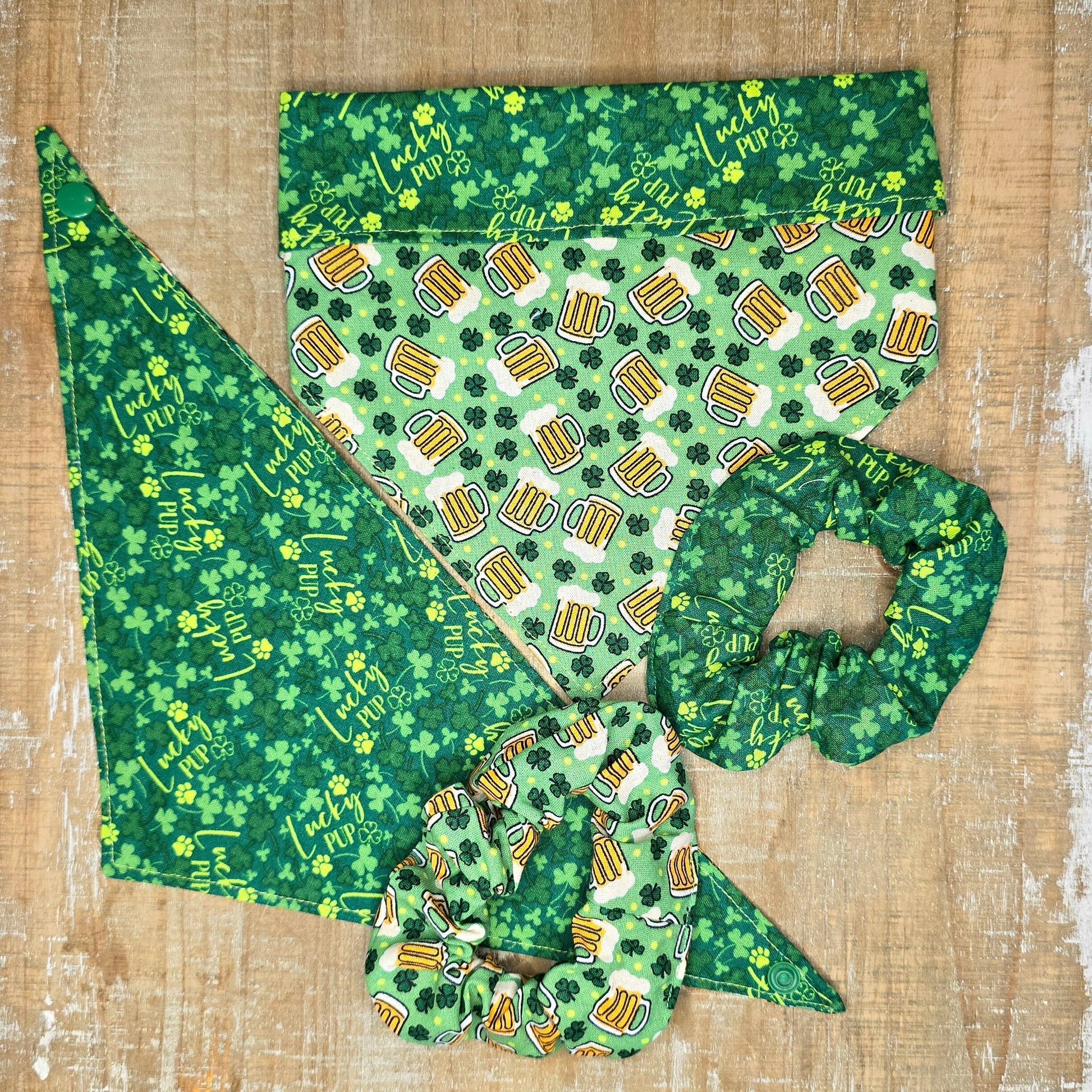 St. Patricks Day Dog Bandana - Snap on Reversible - Shamrocks and Sips