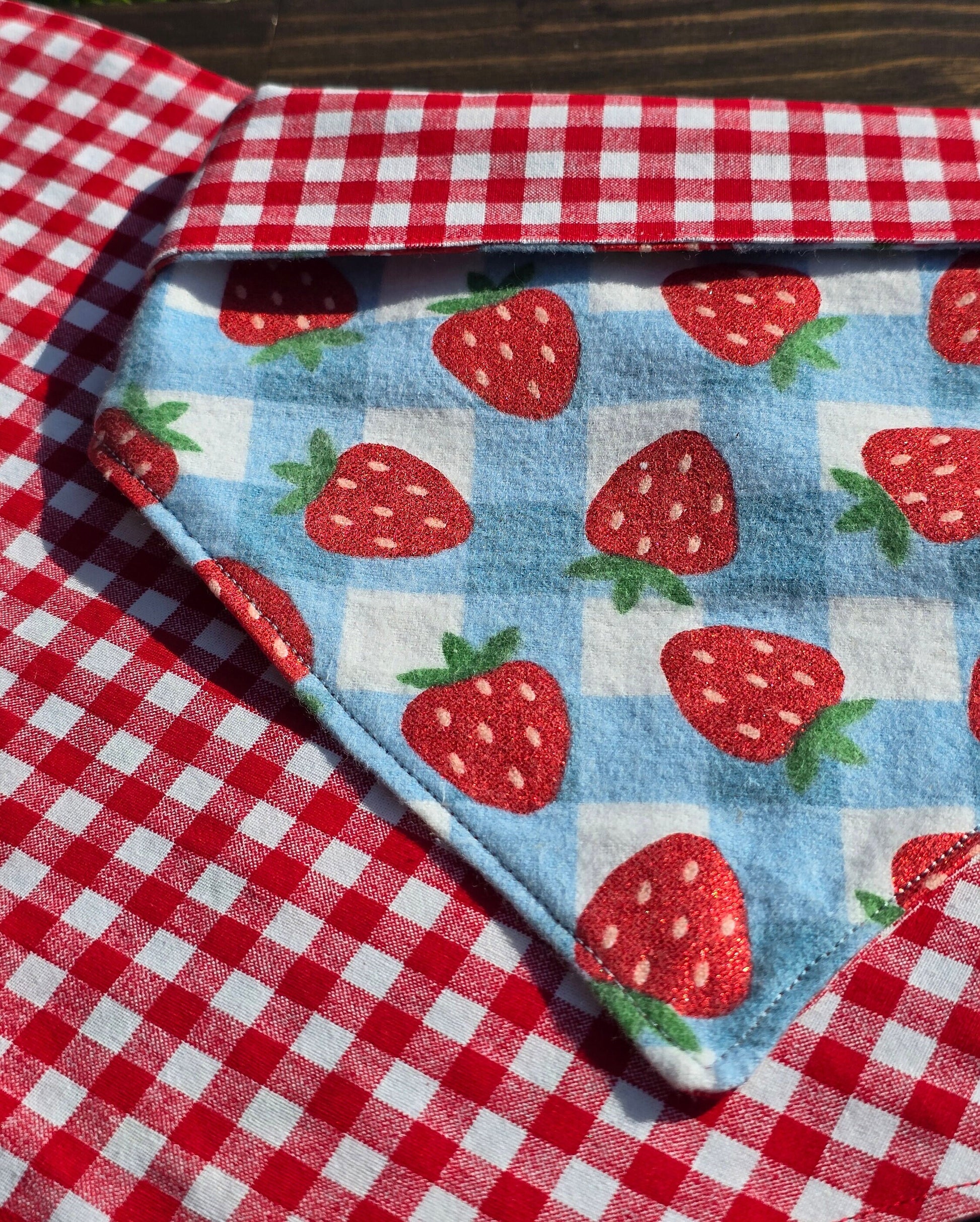 Personalized Strawberry Plaid Bandana - Snap on Reversible - Strawberries - Spring Bandana - Summer- Dog Bandana- Cat Bandana - Pet