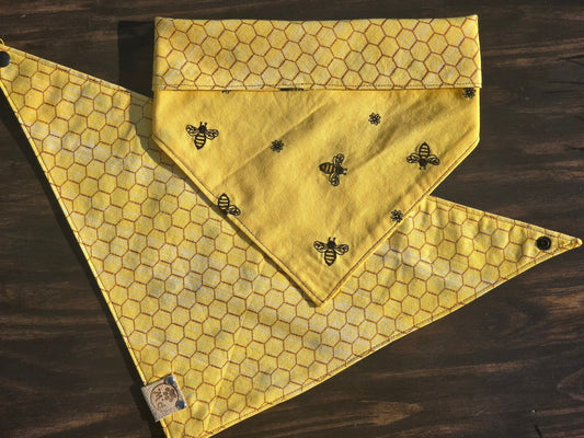 Personalized Bee Bandana - Honeycomb Bandana - Snap on Reversible - Bees and Honey - Summer Bandana - Dog Bandana- Cat Bandana Yellow