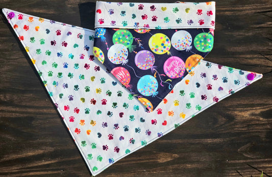 Birthday Bandana - Snap on Reversible - Dog Bandana -balloon Bandana - Cat Bandana - paw prints bandana - Dog birthday - gotcha day bandana