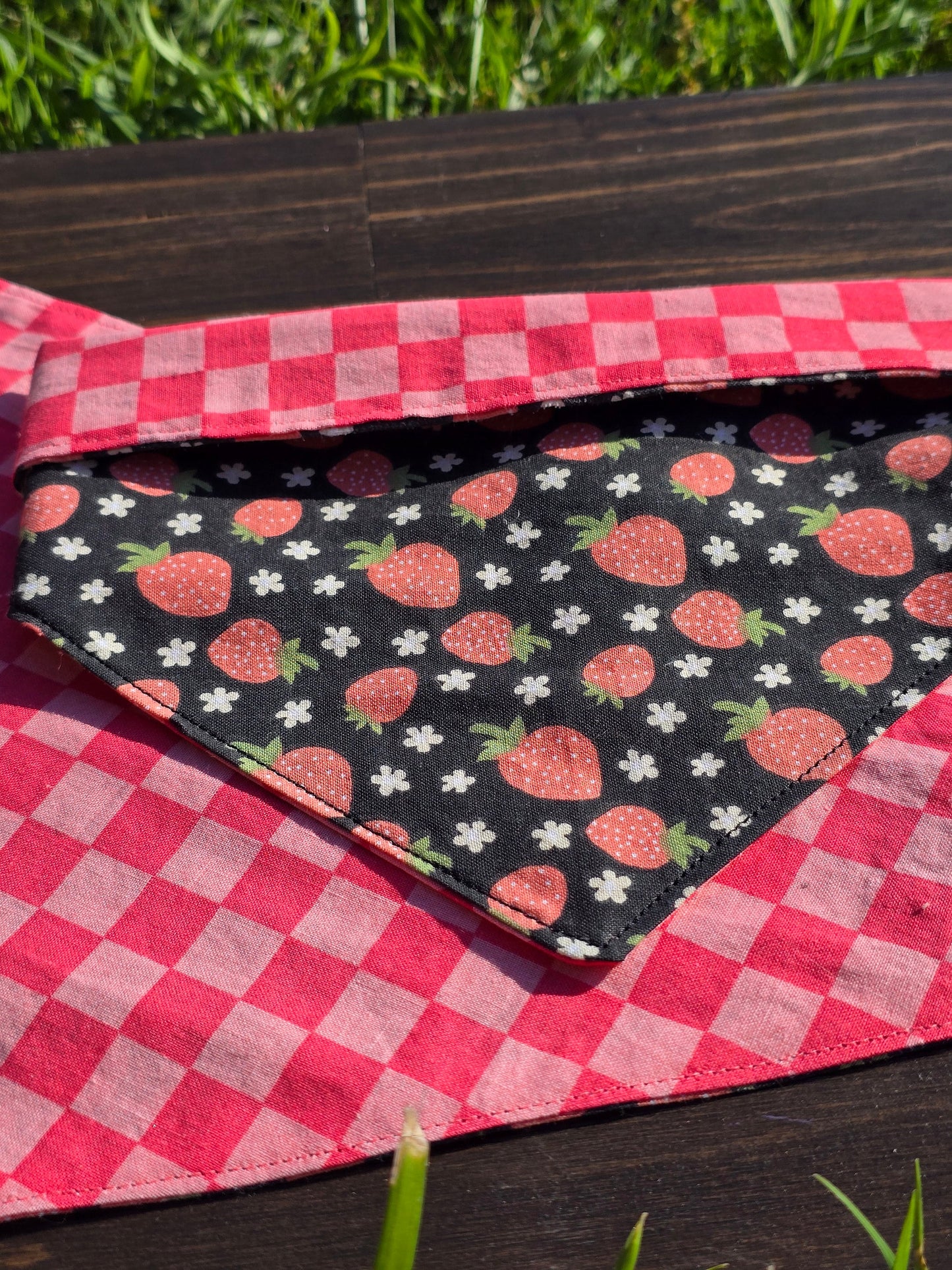 Personalized Strawberry Checkers Bandana - Snap on Reversible - Strawberries - Spring Bandana - Summer- Dog Bandana- Cat Bandana - Collar