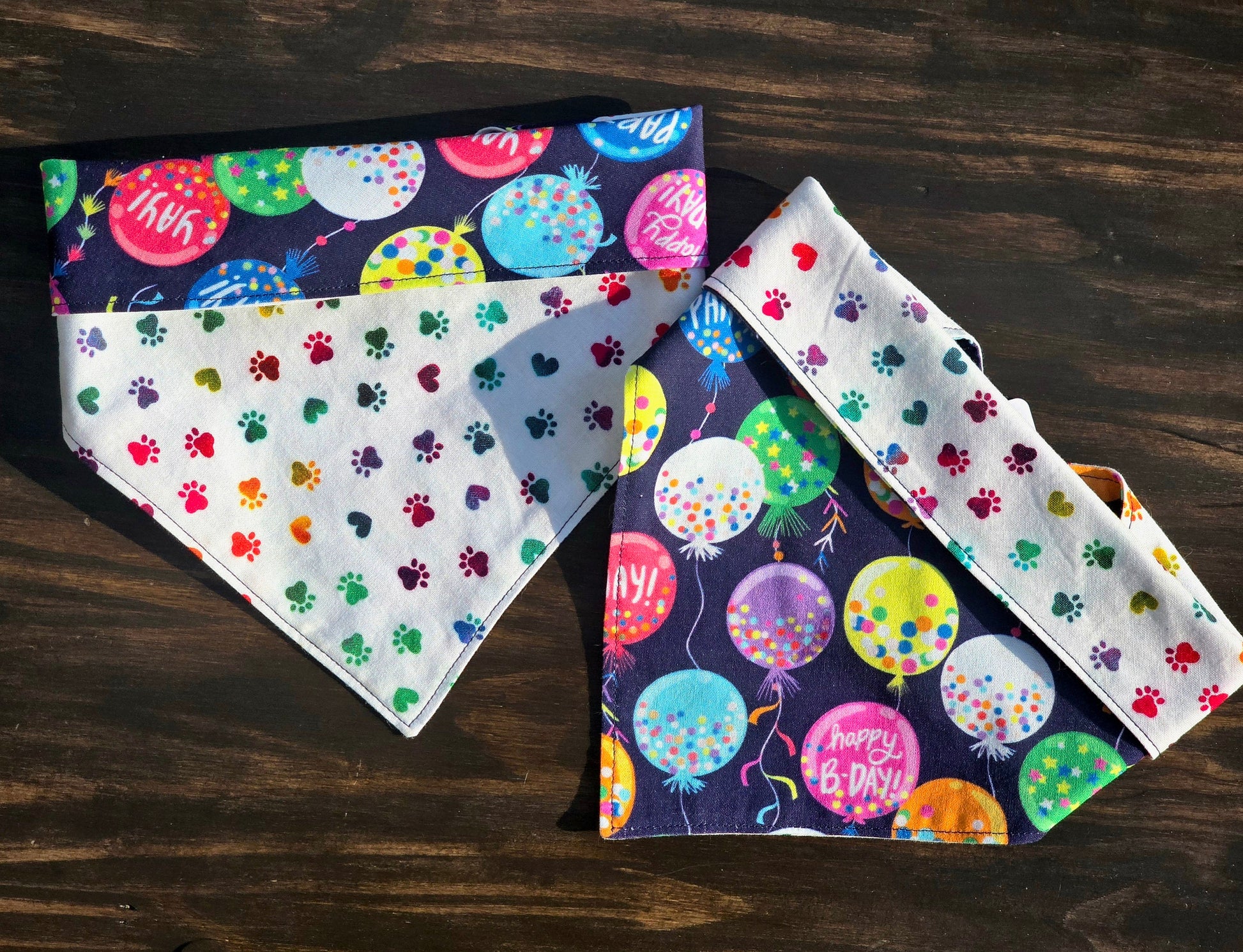 Birthday Bandana - Snap on Reversible - Dog Bandana -balloon Bandana - Cat Bandana - paw prints bandana - Dog birthday - gotcha day bandana