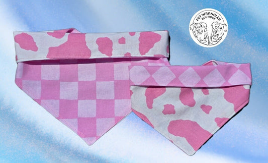 Pink cow and checkers bandana - Snap on Reversible - Dog Bandana - Cat Bandana - Pet scarf - Summer Bandana - Girly bandana