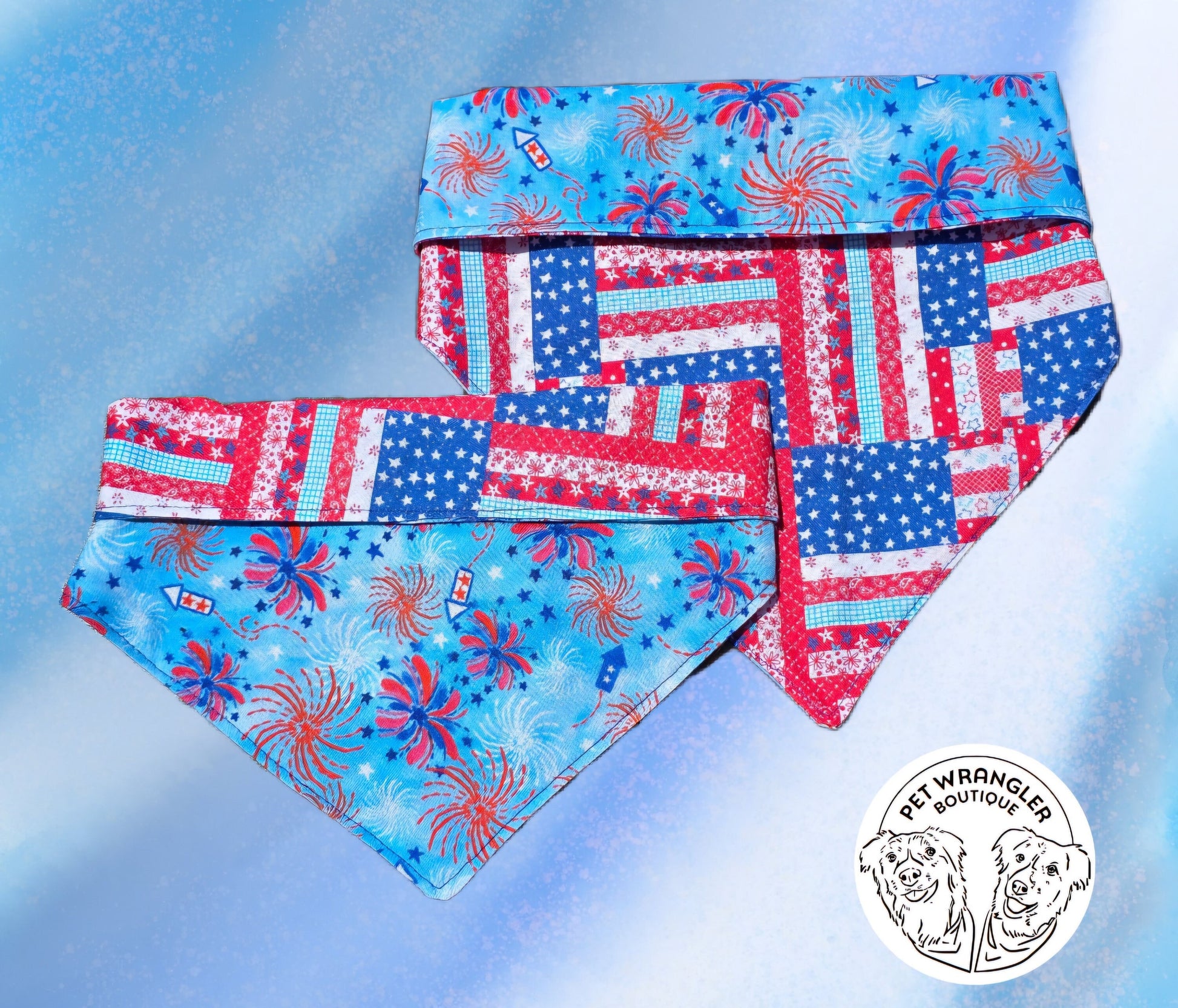 4th of July Patriotic Bandana - Snap on Reversible - Dog Bandana - Cat Bandana - Fireworks and Stripes