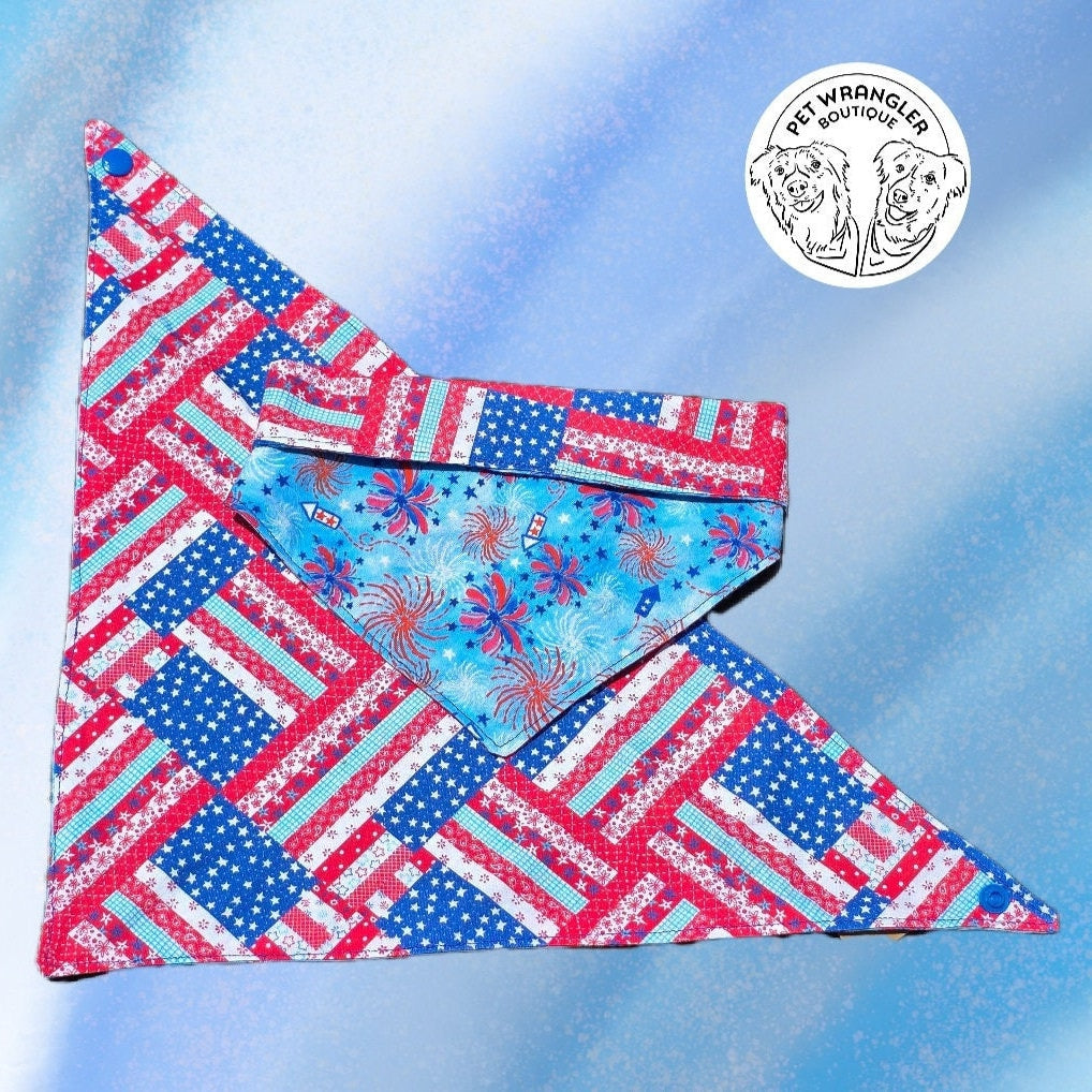 4th of July Patriotic Bandana - Snap on Reversible - Dog Bandana - Cat Bandana - Fireworks and Stripes